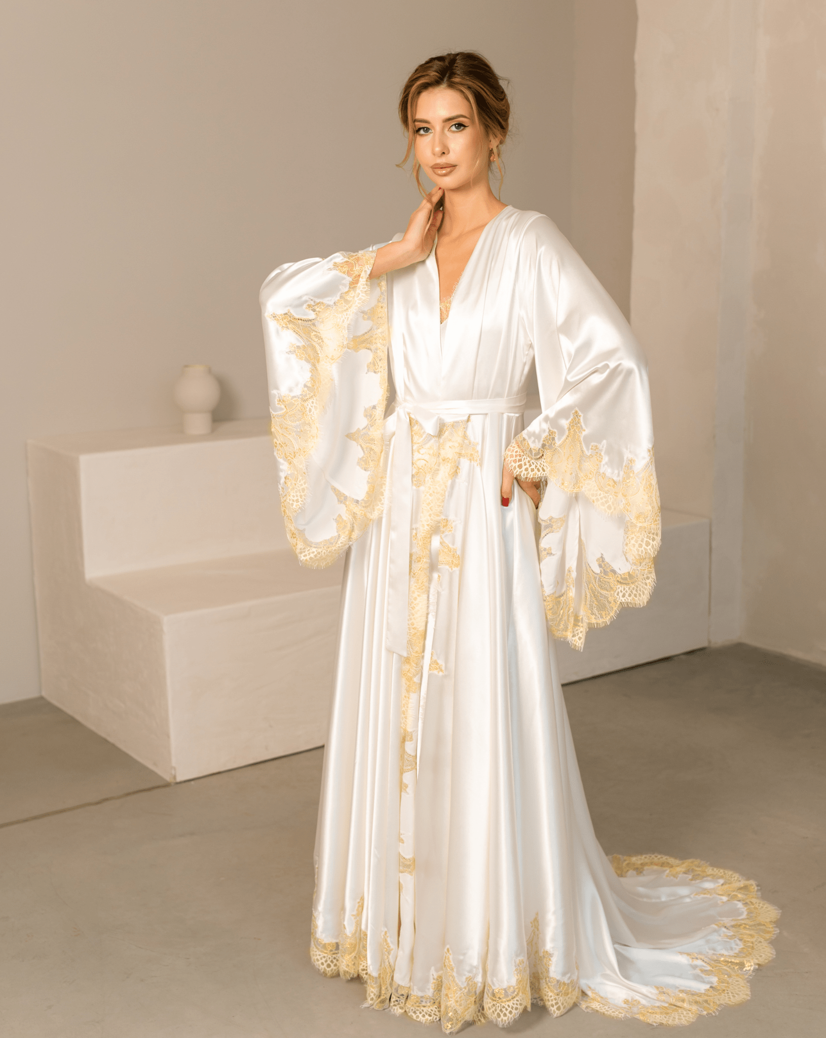 Elegant white Robe and Nightgown Set with gold lace trim, a long train, and wide flowing sleeves.