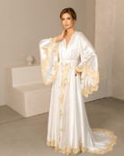 Elegant white Robe and Nightgown Set with gold lace trim, a long train, and wide flowing sleeves.