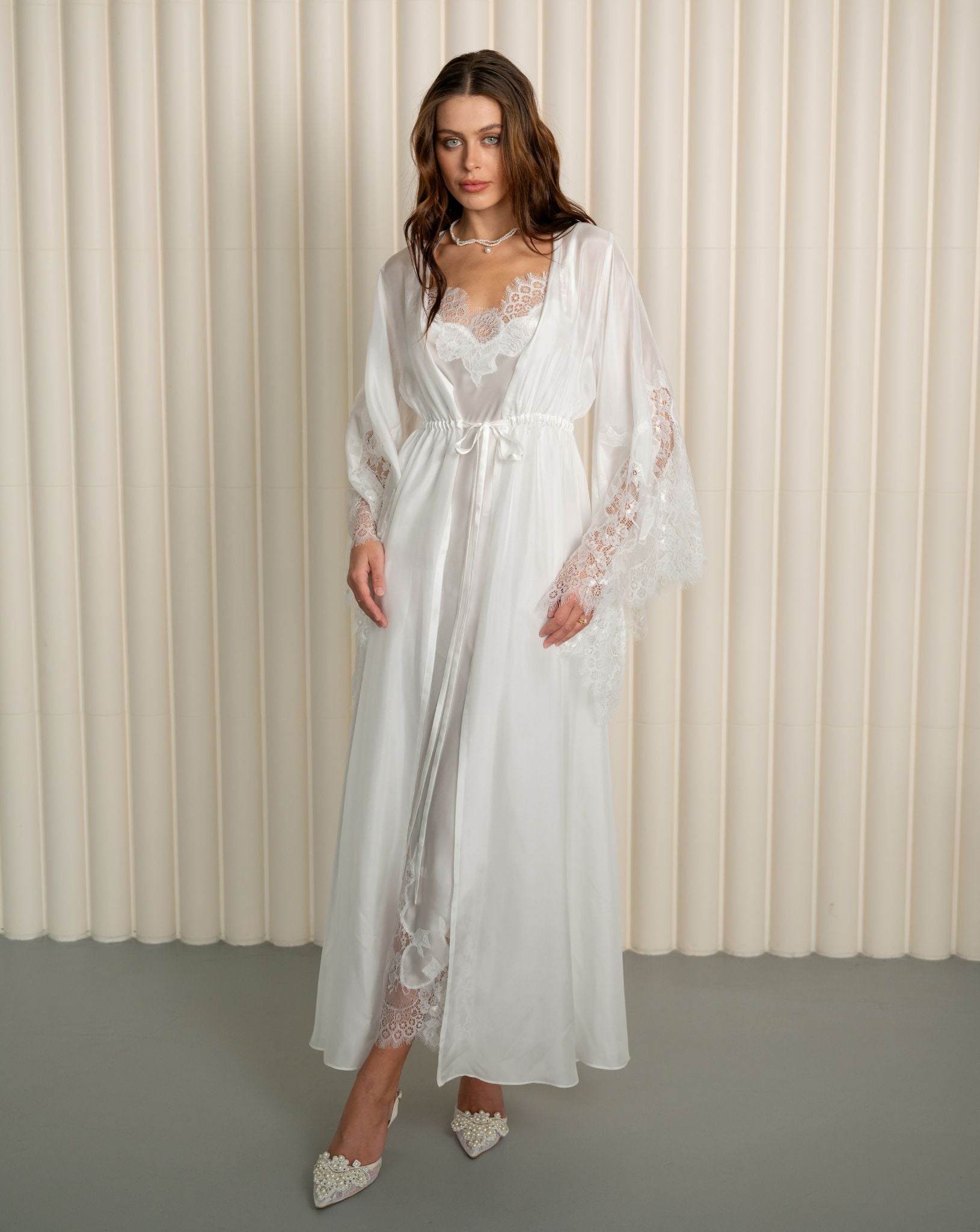 Back view of Silk Robe and Nightgown Set in white by Kafemme