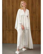 Woman wearing full cotton pajama set with lace-trimmed robe – Kafemme