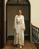 Static full-length view of the Silk Robe and Nightgown Set, highlighting the premium materials and perfect fit