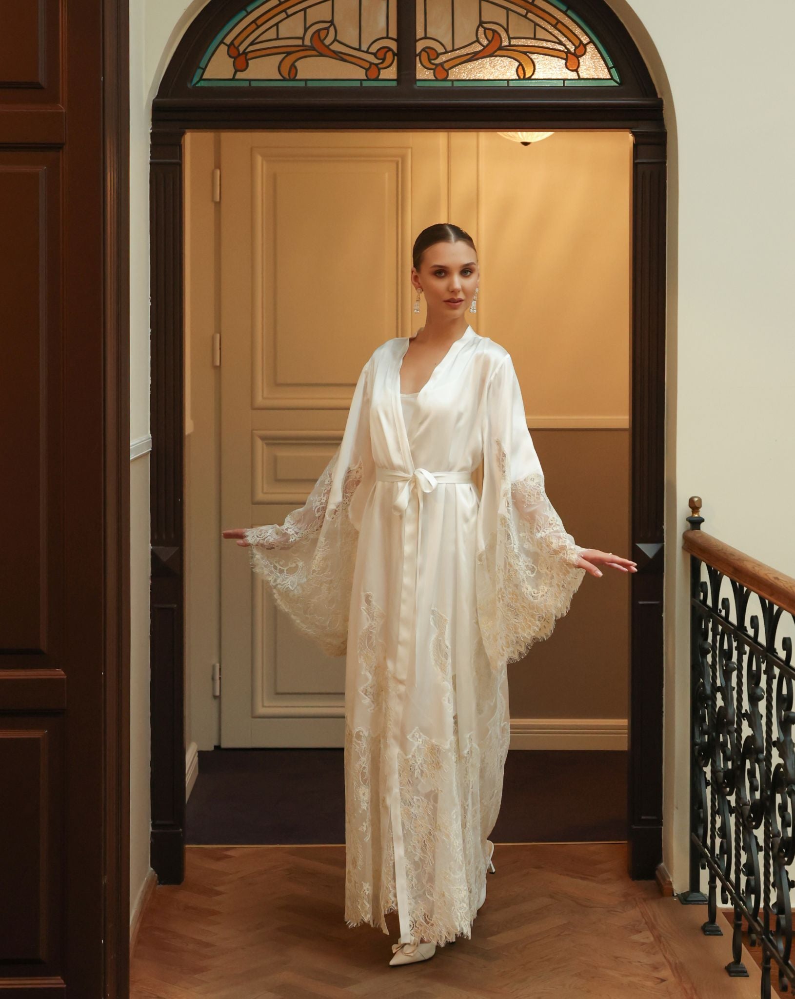 Belted Silk Robe and Nightgown Set with raised sleeves, illustrating the unmatched level of comfort and beauty.