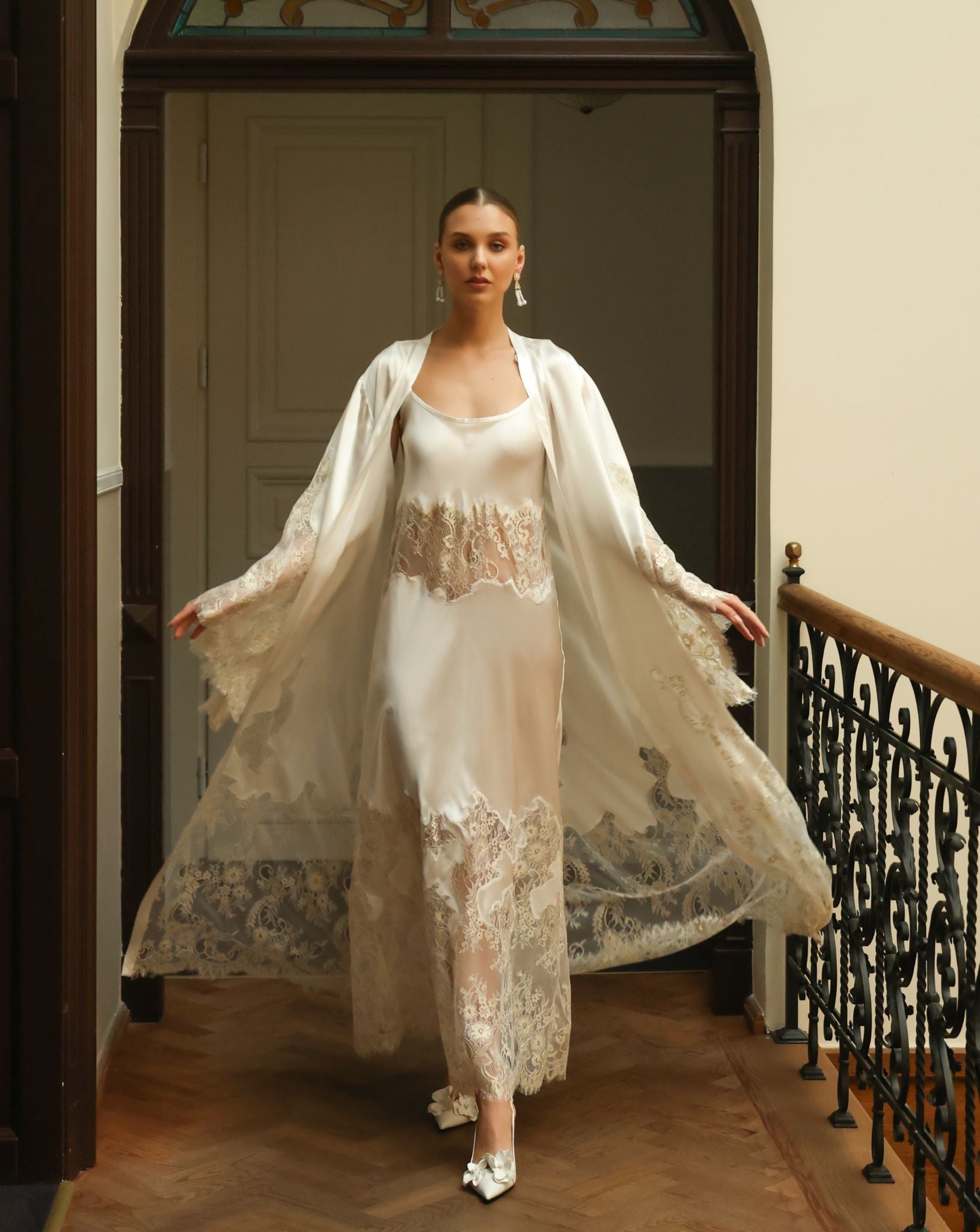 Full-length view of the Silk Robe and Nightgown Set, showcasing the graceful flow of 100% natural silk and lace.