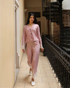 A full-length motion shot of the attire, illustrating the effortless fall of the pants and breathable comfort.