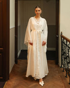 Static full-length view of the elegant silk ensemble, showcasing the smooth satin finish and matching lace trims.