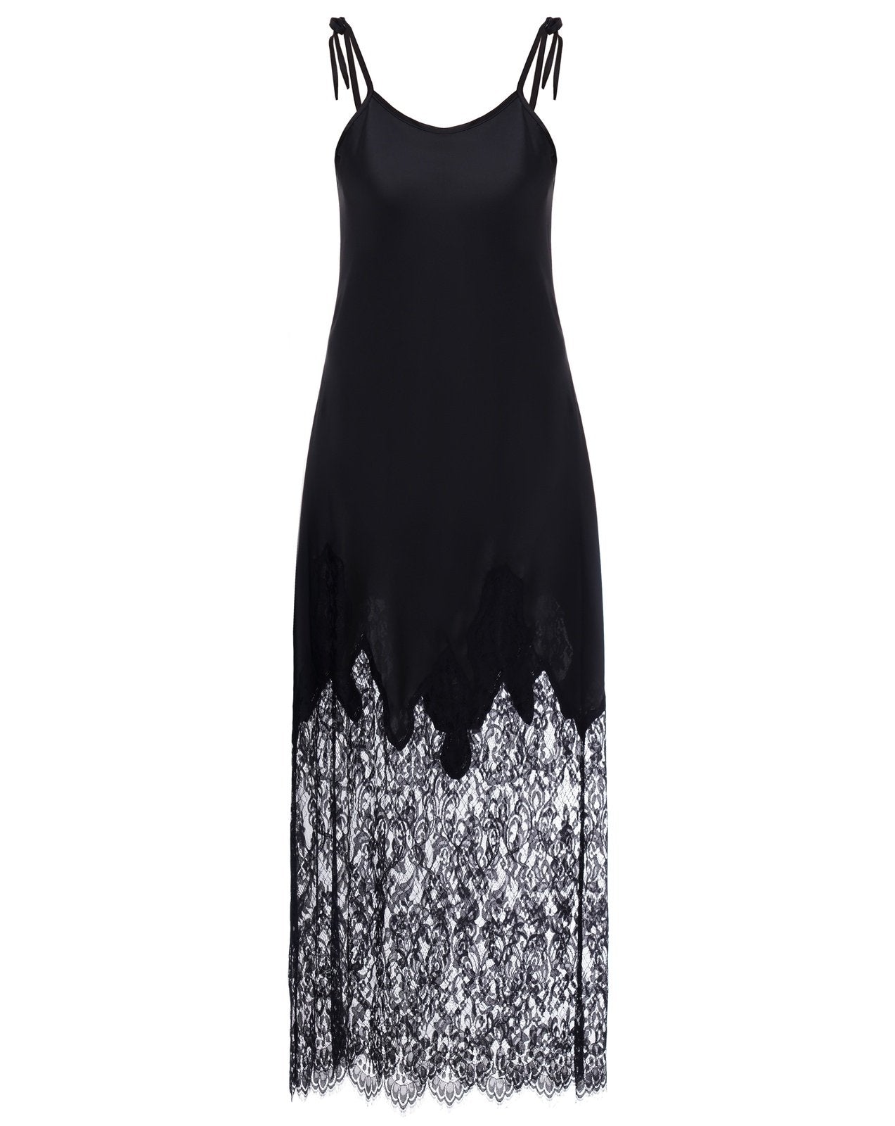 Frontal shot of a long nightdress on a plain background, featuring thin straps and a wide band of exquisite lace.