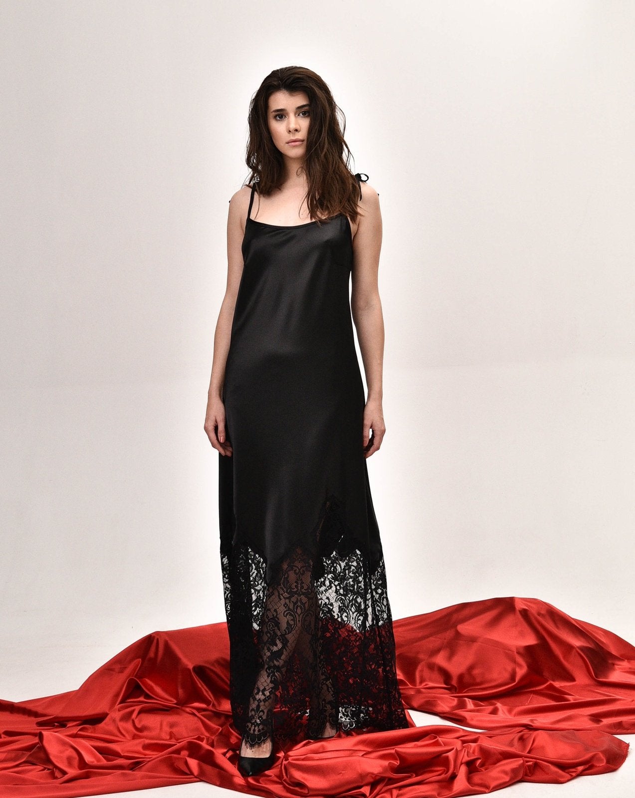 A full-length view of the Silk Nightgown, showcasing the noble shine of natural fabric and the fluid silhouette.