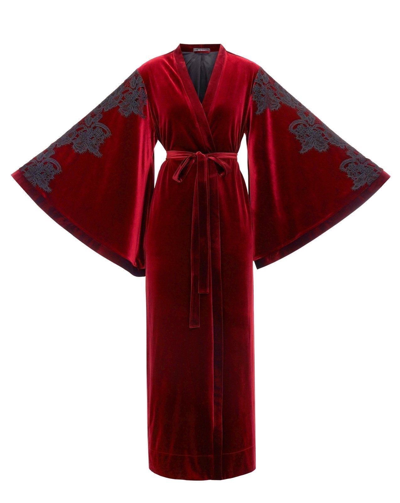 Flat lay of burgundy velvet kimono robe with wide sleeves and belt – Kafemme